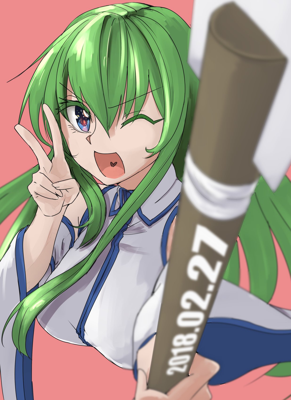 1girl blue_eyes detached_sleeves gohei green_hair heart hirugano kochiya_sanae long_hair open_mouth peace_sign solo touhou wink