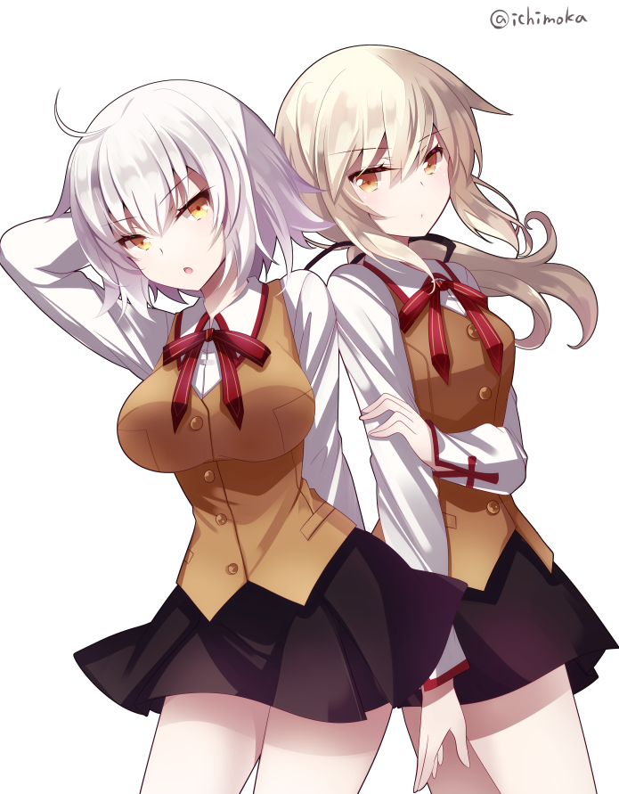 2girls :o ahoge alternate_costume arm_up artoria_pendragon_(all) bangs black_skirt brown_vest closed_mouth commentary_request cowboy_shot eyebrows_visible_through_hair fate/apocrypha fate/grand_order fate/kaleid_liner_prisma_illya fate/stay_night fate_(series) hair_between_eyes hand_behind_head homurahara_academy_uniform ichiyou_moka jeanne_d'arc_(alter)_(fate) jeanne_d'arc_(fate)_(all) light_brown_hair long_hair long_sleeves low_ponytail multiple_girls parted_lips ponytail saber_alter school_uniform shirt short_hair sidelocks silver_hair simple_background skirt twitter_username v-shaped_eyebrows vest white_background white_shirt yellow_eyes