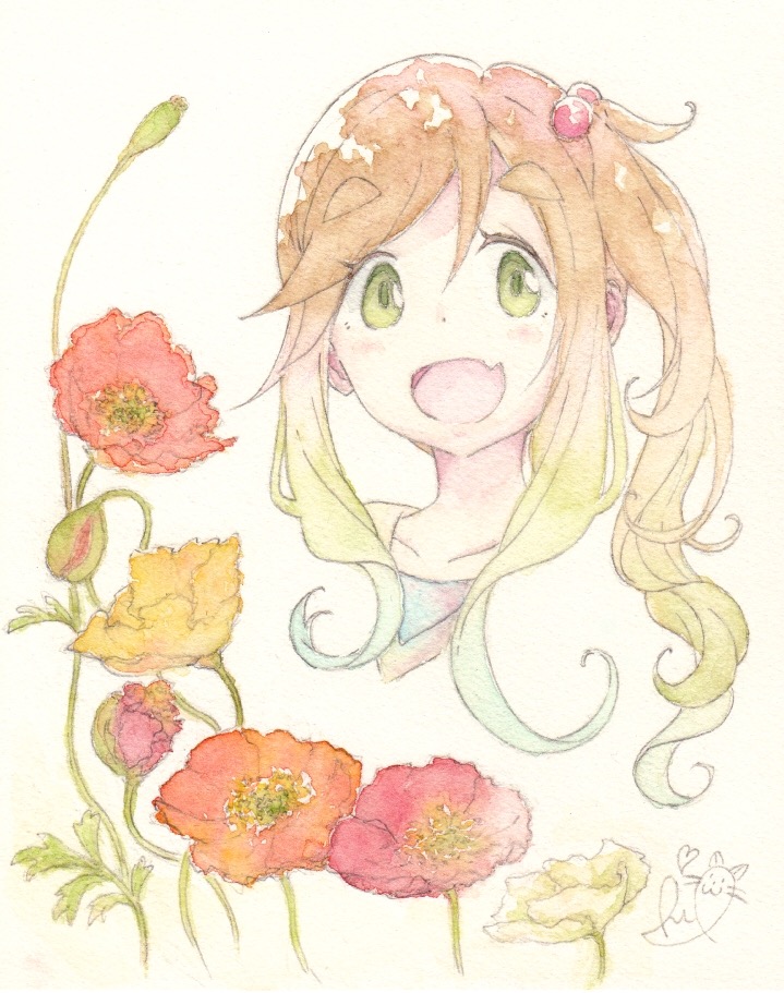 1girl blush brown_hair check_commentary commentary_request eyebrows_visible_through_hair fang flower gradient_hair green_eyes hair_ornament inuyama_aoi ishigoromo multicolored_hair open_mouth poppy_(flower) portrait side_ponytail signature smile thick_eyebrows traditional_media watercolor_(medium) yurucamp