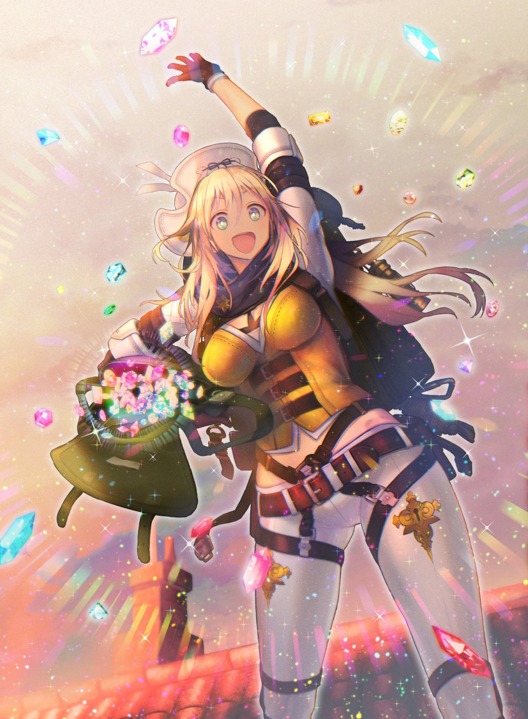 1girl bag blonde_hair breasts cleavage fierica_(force_of_will) force_of_will gem gloves green_eyes hat highres long_hair official_art open_mouth scarf solo sparkle teeth upper_body
