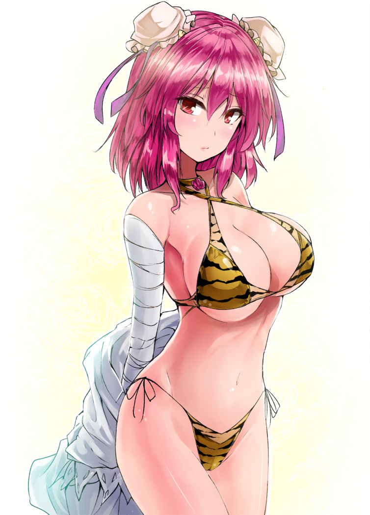 1girl bandage bandaged_arm bare_shoulders bikini breasts commentary_request cowboy_shot criss-cross_halter double_bun gradient gradient_background halterneck ibaraki_kasen large_breasts looking_at_viewer medium_hair midriff navel pink_eyes pink_hair side-tie_bikini solo standing swimsuit tiger_stripes touhou white_background y2 yellow_background