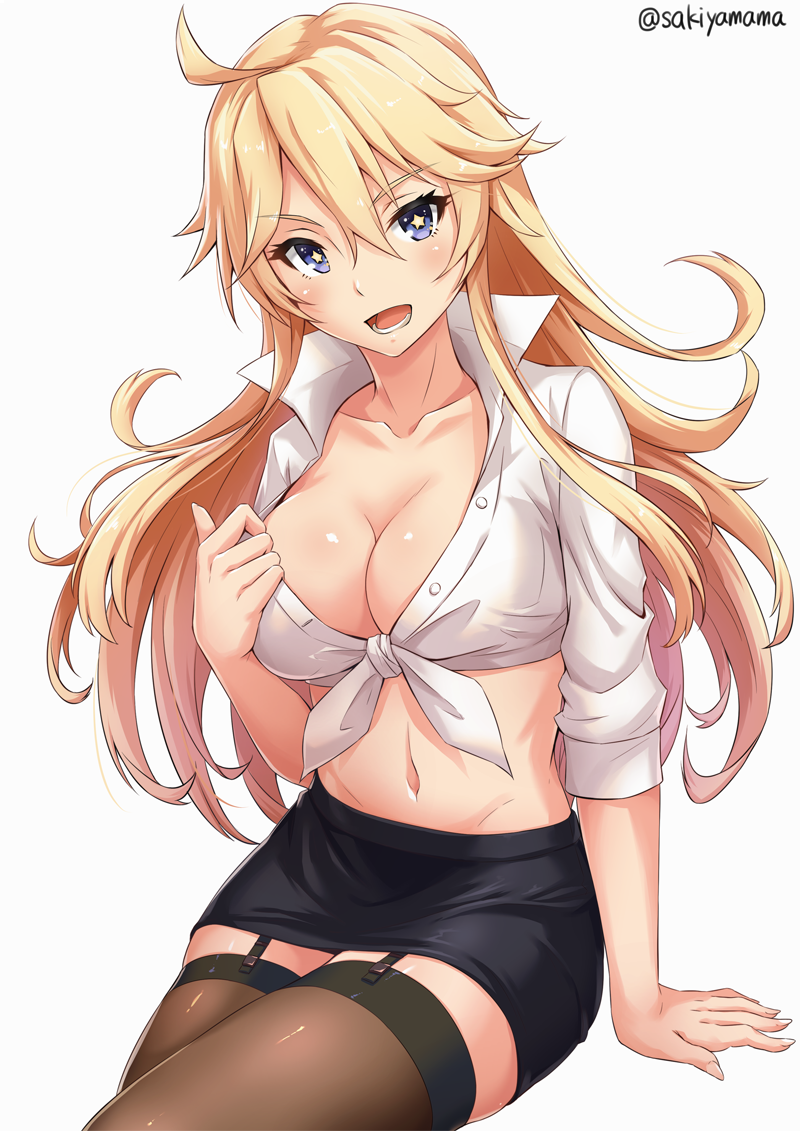 1girl ahoge alternate_costume arm_support black_legwear black_skirt blonde_hair blouse blue_eyes blush breasts brown_legwear cleavage collarbone eyebrows eyebrows_visible_through_hair fingernails front-tie_top garter_straps hair_between_eyes iowa_(kantai_collection) kantai_collection large_breasts legs_crossed long_hair midriff navel office_lady open_blouse open_clothes open_mouth pencil_skirt sakiyamama shiny shiny_skin shirt skindentation skirt solo star star-shaped_pupils symbol-shaped_pupils teeth thigh-highs tied_shirt white_background white_blouse zettai_ryouiki