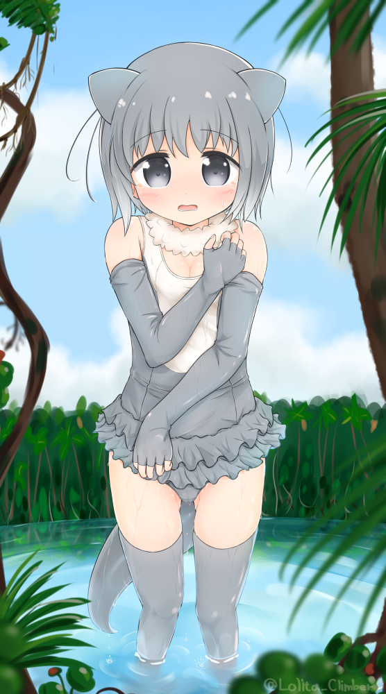 1girl bangs bare_shoulders blue_sky blush breasts cleavage clouds cosplay day elbow_gloves eyebrows_visible_through_hair fingerless_gloves fur_collar gloves grey_eyes grey_gloves grey_hair grey_legwear grey_swimsuit hair_between_eyes kemono_friends looking_at_viewer medium_breasts one-piece_swimsuit otter_ears otter_girl otter_tail outdoors parted_lips sky small-clawed_otter_(kemono_friends) solo standing swimsuit tail thigh-highs twitter_username wading water wet wet_thighhighs youjo_climber