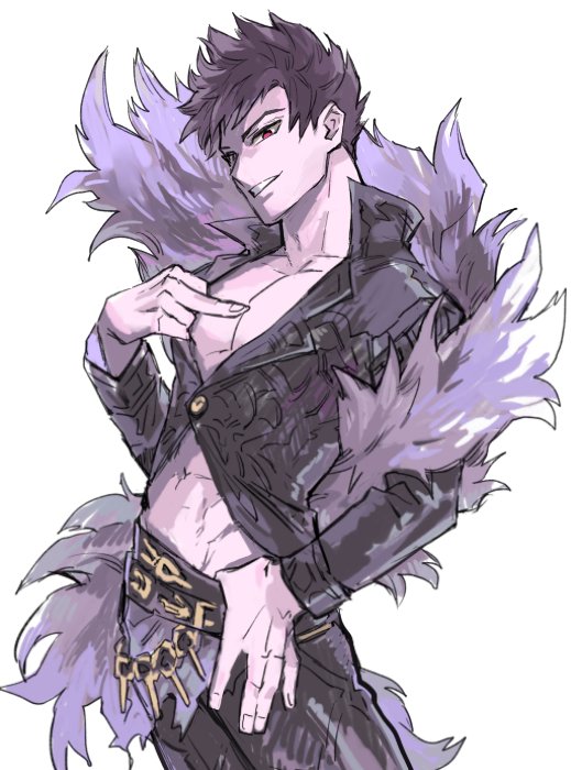 1boy belial_(granblue_fantasy) belt black_pants black_shirt cowboy_shot feather_boa granblue_fantasy hand_on_hips male_focus middle_finger midriff pants parted_lips pectorals pointing pointing_at_self red_eyes shirt simple_background smile solo toned toned_male white_background