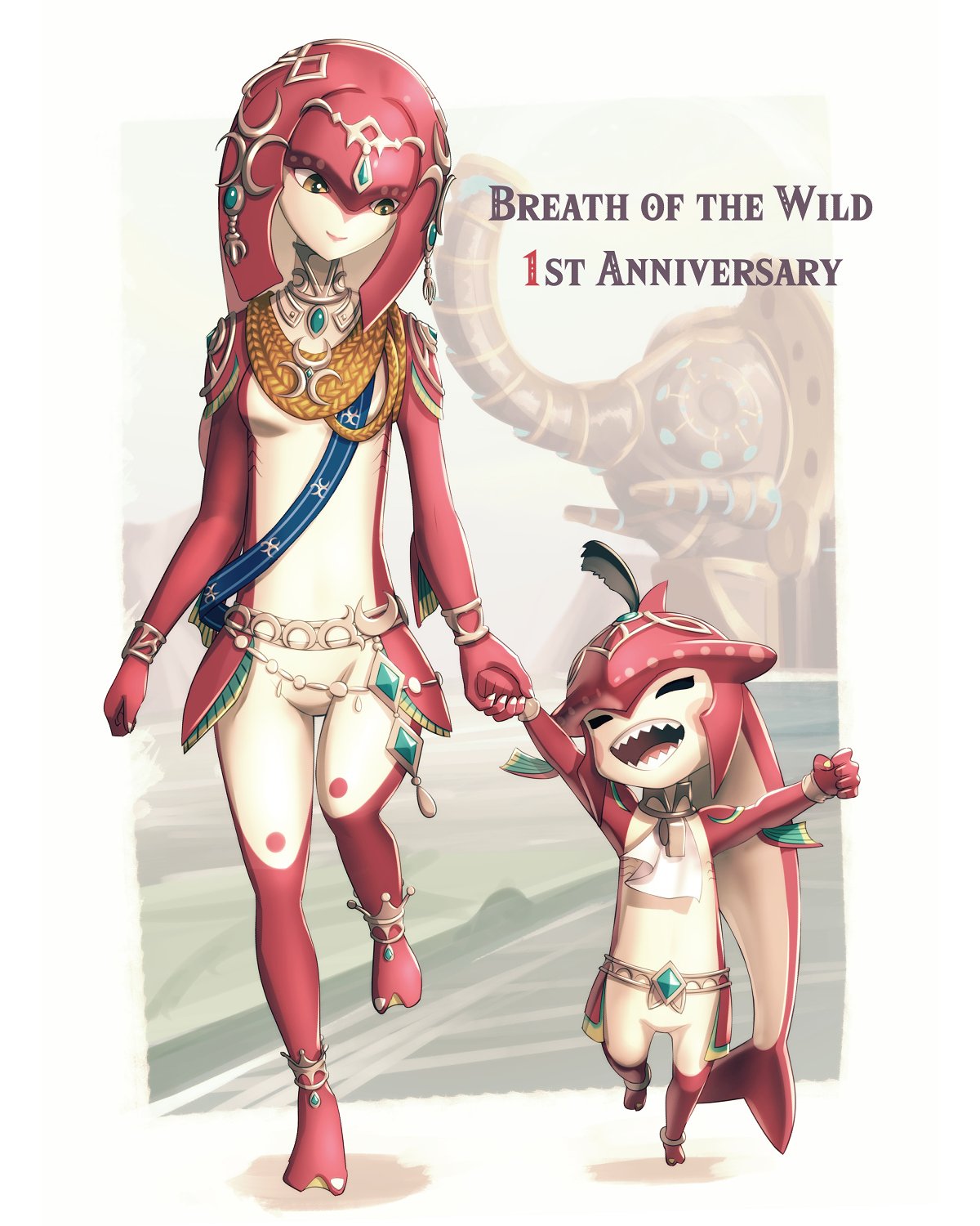 1boy 1girl brother_and_sister fins fish_girl fishman gonzarez hair_ornament highres jewelry link long_hair mipha monster_boy monster_girl multicolored multicolored_skin muscle no_eyebrows pointy_ears red_skin redhead sharp_teeth siblings sidon smile teeth the_legend_of_zelda the_legend_of_zelda:_breath_of_the_wild yellow_eyes zora