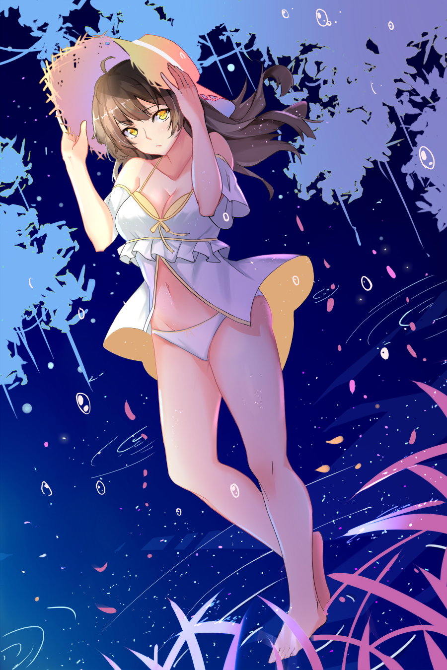 1girl :/ ahoge babydoll bangs bare_legs bare_shoulders barefoot breasts brown_hair cleavage closed_mouth collarbone detached_sleeves eyebrows_visible_through_hair frills full_body hands_on_headwear hands_up hat highres long_hair looking_at_viewer muko_(kokia38) navel original panties ripples short_sleeves solo spaghetti_strap standing standing_on_liquid stomach straw_hat underwear underwear_only water water_drop white_panties yellow_eyes yellow_hat