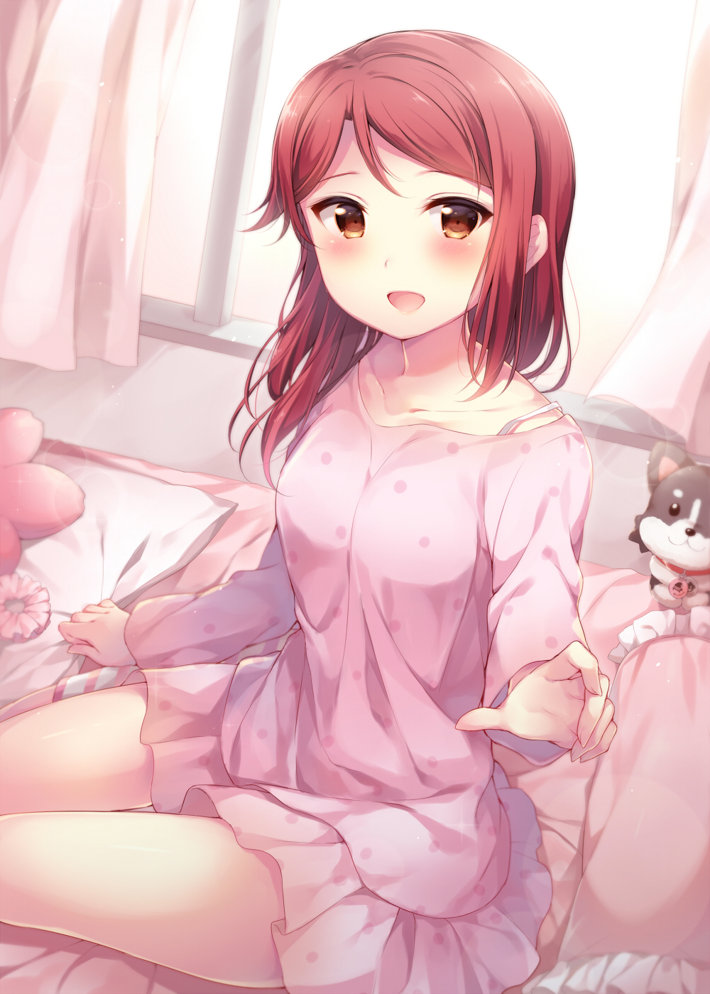 1girl :d blush brown_eyes curtains dog hazuki_(sutasuta) highres looking_at_viewer love_live! love_live!_sunshine!! open_mouth pajamas polka_dot redhead sakurauchi_riko short_hair sitting smile solo stuffed_animal stuffed_dog stuffed_toy window