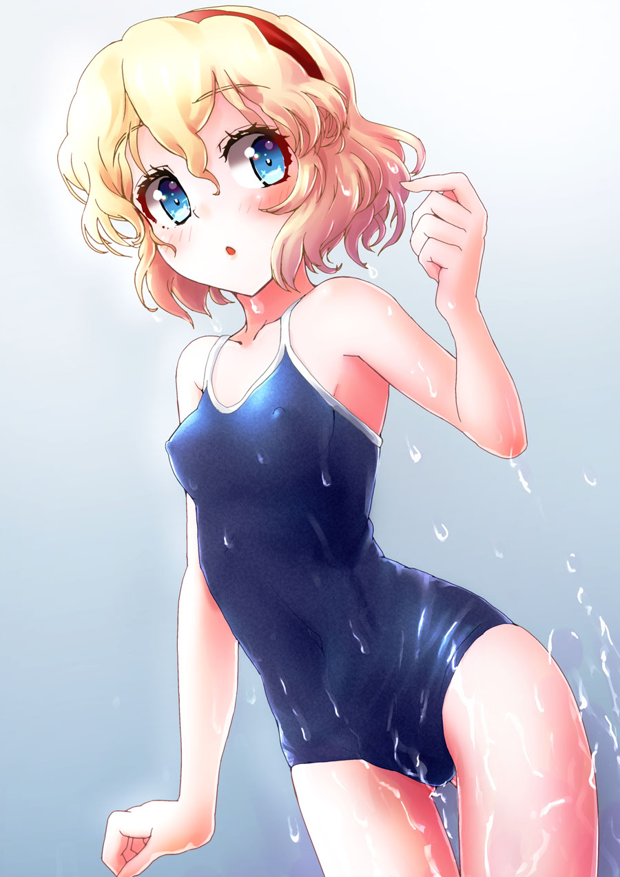 1girl alice_margatroid blonde_hair blue_eyes blue_swimsuit competition_school_swimsuit cowboy_shot erect_nipples flat_chest gluteal_fold gradient gradient_background grey_background hairband highres ikamagu looking_at_viewer open_mouth red_hairband school_swimsuit short_hair solo swimsuit thigh_gap touhou wavy_hair wet