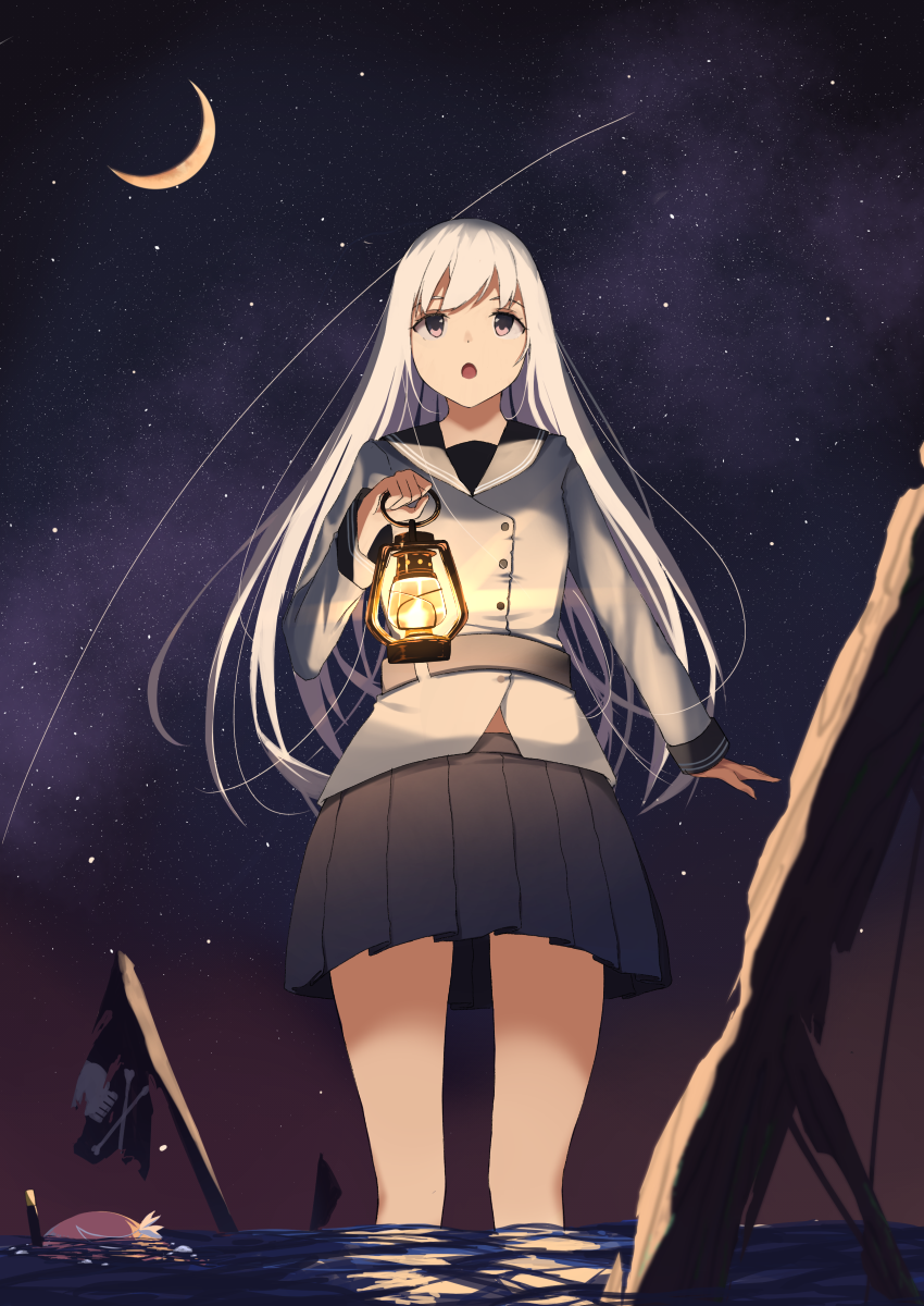 1girl :o candle crescent hibiki_(kantai_collection) highres kantai_collection lamp long_hair moon night night_sky no_headwear open_mouth partially_submerged pleated_skirt school_uniform serafuku silver_hair skirt skull_and_crossbones sky star_(sky) torutee verniy_(kantai_collection) violet_eyes water wet white_hair