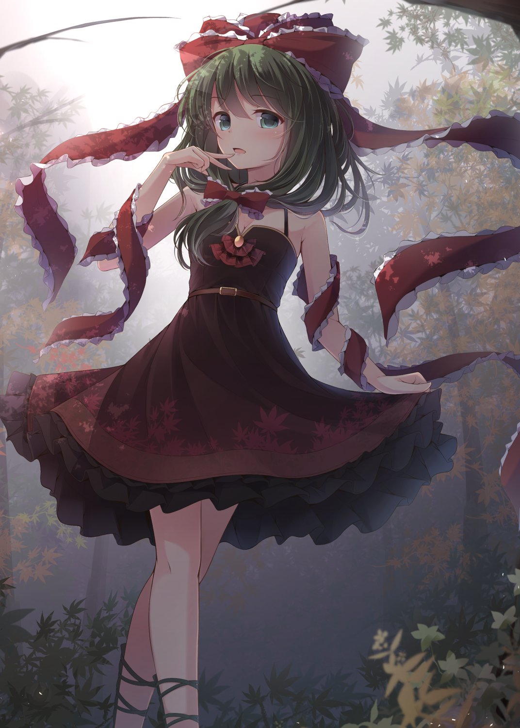 1girl adapted_costume belt bent_elbow breasts brooch cleavage commentary_request dress eyebrows_visible_through_hair feet_out_of_frame fog frilled_dress frilled_ribbon frilled_shawl frills front_ponytail green_eyes green_hair hair_ribbon highres inward_v jewelry kagiyama_hina leaf leaf_print looking_at_viewer maple_leaf maple_tree open_mouth outdoors plant red_dress red_ribbon red_shawl ribbon shawl sleeveless sleeveless_dress solo spaghetti_strap touhou toyosaki_shu tree walking