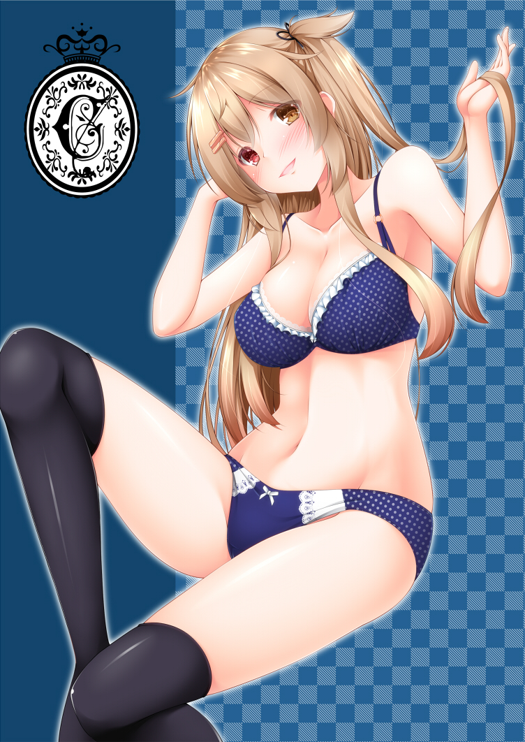 1girl abs black_legwear blue_background blue_bra blue_panties bra breasts checkered checkered_background cleavage collarbone hair_flaps heterochromia kantai_collection large_breasts light_brown_hair long_hair looking_at_viewer murasame_(kantai_collection) narukami_ginryuu navel open_mouth panties red_eyes remodel_(kantai_collection) sitting solo thigh-highs thighs two_side_up underwear yellow_eyes