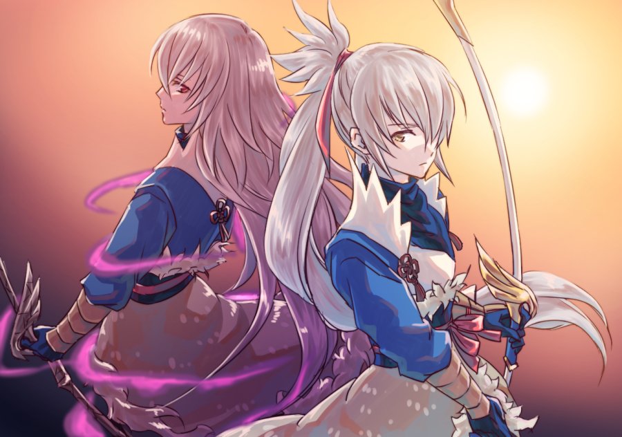 2boys bow_(weapon) fire_emblem fire_emblem_if gloves holding holding_bow_(weapon) holding_weapon japanese_clothes long_hair looking_at_viewer multiple_boys ponytail red_eyes takumi_(fire_emblem_if) weapon white_hair yoneko