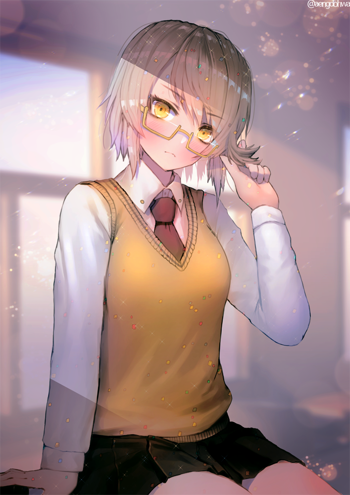 1girl alternate_costume arm_support bangs black_skirt blurry blush breasts cardigan_vest classroom closed_mouth collared_shirt confetti depth_of_field desk eyebrows_visible_through_hair girls_frontline glasses hanato_(seonoaiko) head_tilt long_sleeves looking_at_viewer medium_breasts necktie on_desk playing_with_hair pleated_skirt red_neckwear school_uniform semi-rimless_eyewear shirt short_hair sidelocks silver_hair sitting sitting_on_desk skirt solo sparkle thighs twitter_username vector_(girls_frontline) white_shirt yellow-framed_eyewear yellow_eyes