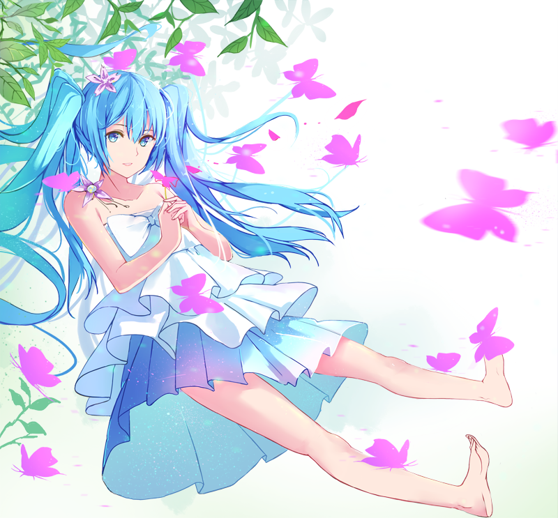 1girl alternate_costume bangs bare_arms bare_legs bare_shoulders barefoot blue_dress butterfly collarbone dress eyebrows_visible_through_hair flower full_body gradient gradient_background green_background hair_flower hair_ornament hatsune_miku layered_dress lead long_hair looking_at_viewer muko_(kokia38) own_hands_together parted_lips smile solo strapless strapless_dress twintails vocaloid