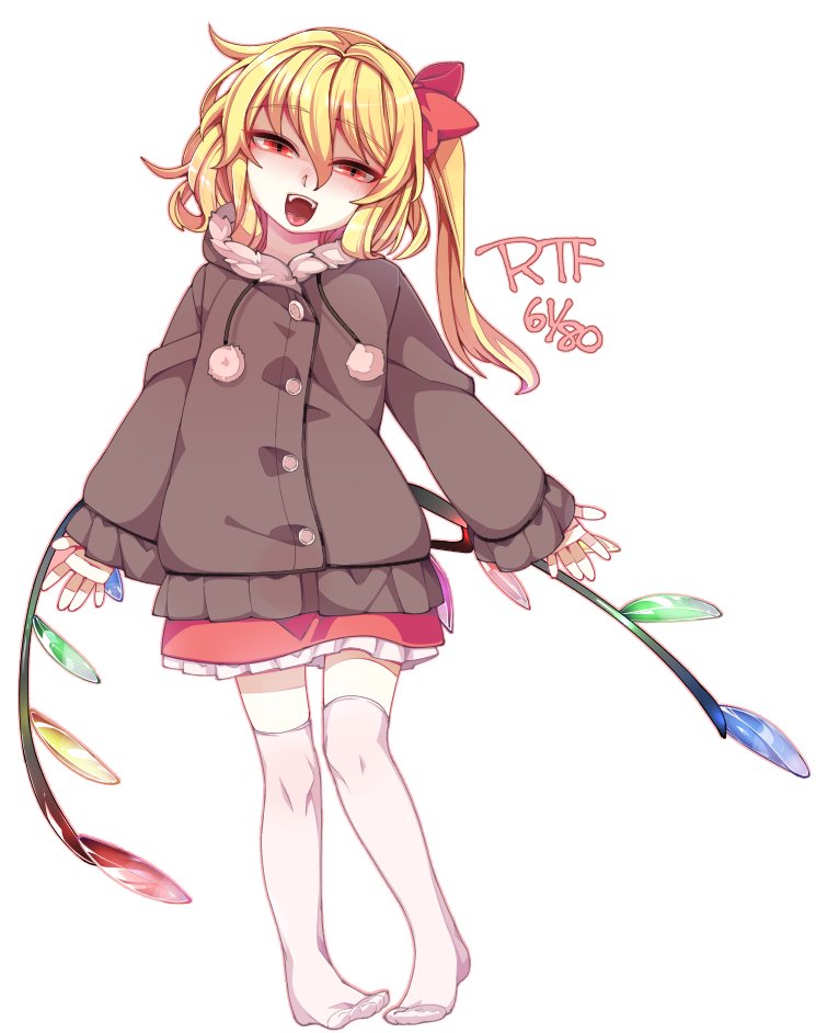 1girl blonde_hair brown_jacket commentary_request flandre_scarlet frilled_skirt frills full_body fur gem hair_between_eyes hair_ribbon head_tilt hood hooded_jacket jacket looking_at_viewer miniskirt open_mouth pom_pom_(clothes) red_eyes red_skirt ribbon shamo_(koumakantv) side_ponytail skirt sleeves_past_wrists slit_pupils solo standing teeth thigh-highs touhou white_background wings zettai_ryouiki