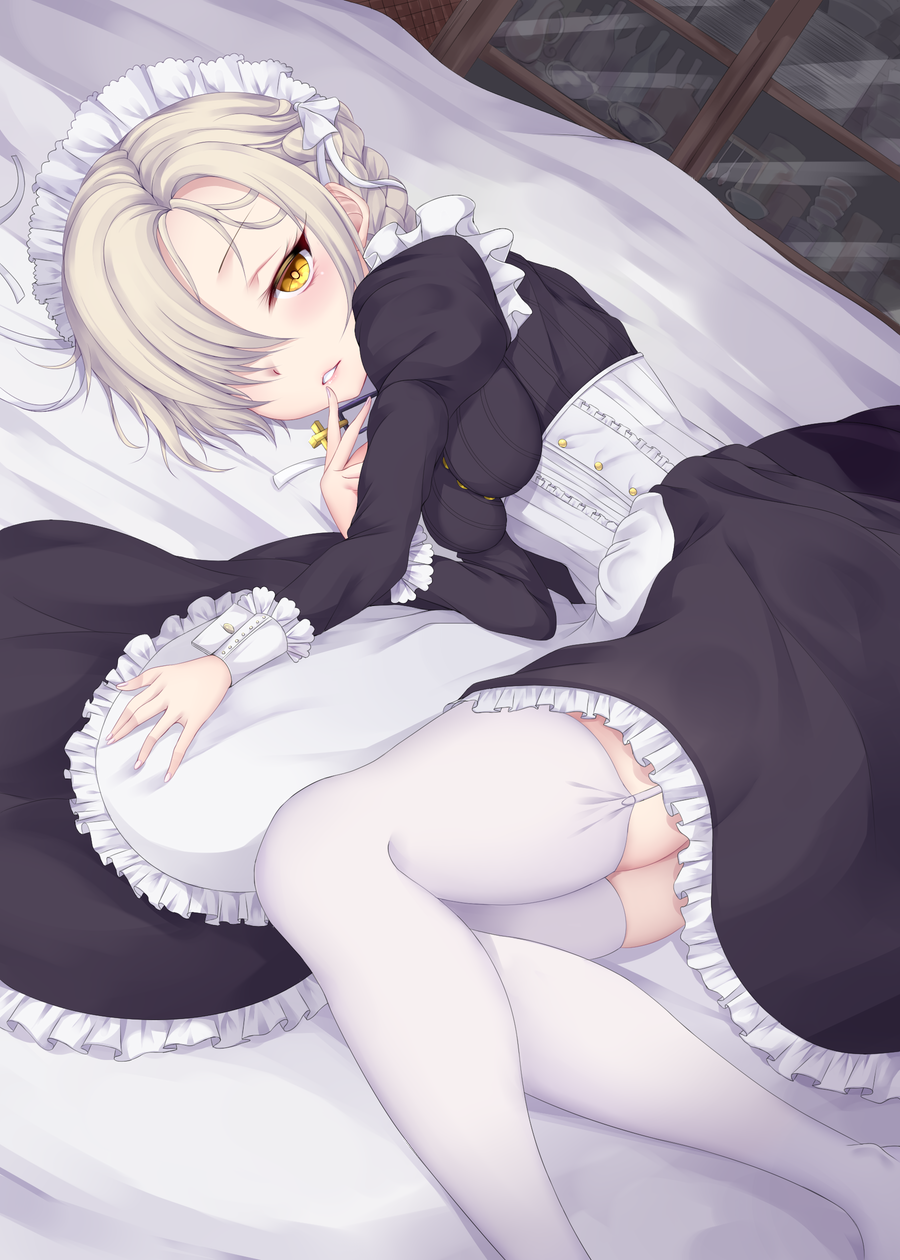 1girl apron azur_lane bed bed_sheet black_dress blonde_hair blush braid breasts buttons chains commentary_request cross dress eyelashes fingernails french_braid garter_straps hairband highres indoors long_fingernails long_sleeves looking_at_viewer lying maid_apron maid_headdress medium_breasts on_side parted_lips puffy_long_sleeves puffy_sleeves ribbon sheffield_(azur_lane) shiro_usagi sleeve_cuffs teeth thigh-highs waist_apron white_apron white_hairband white_legwear white_ribbon yellow_eyes