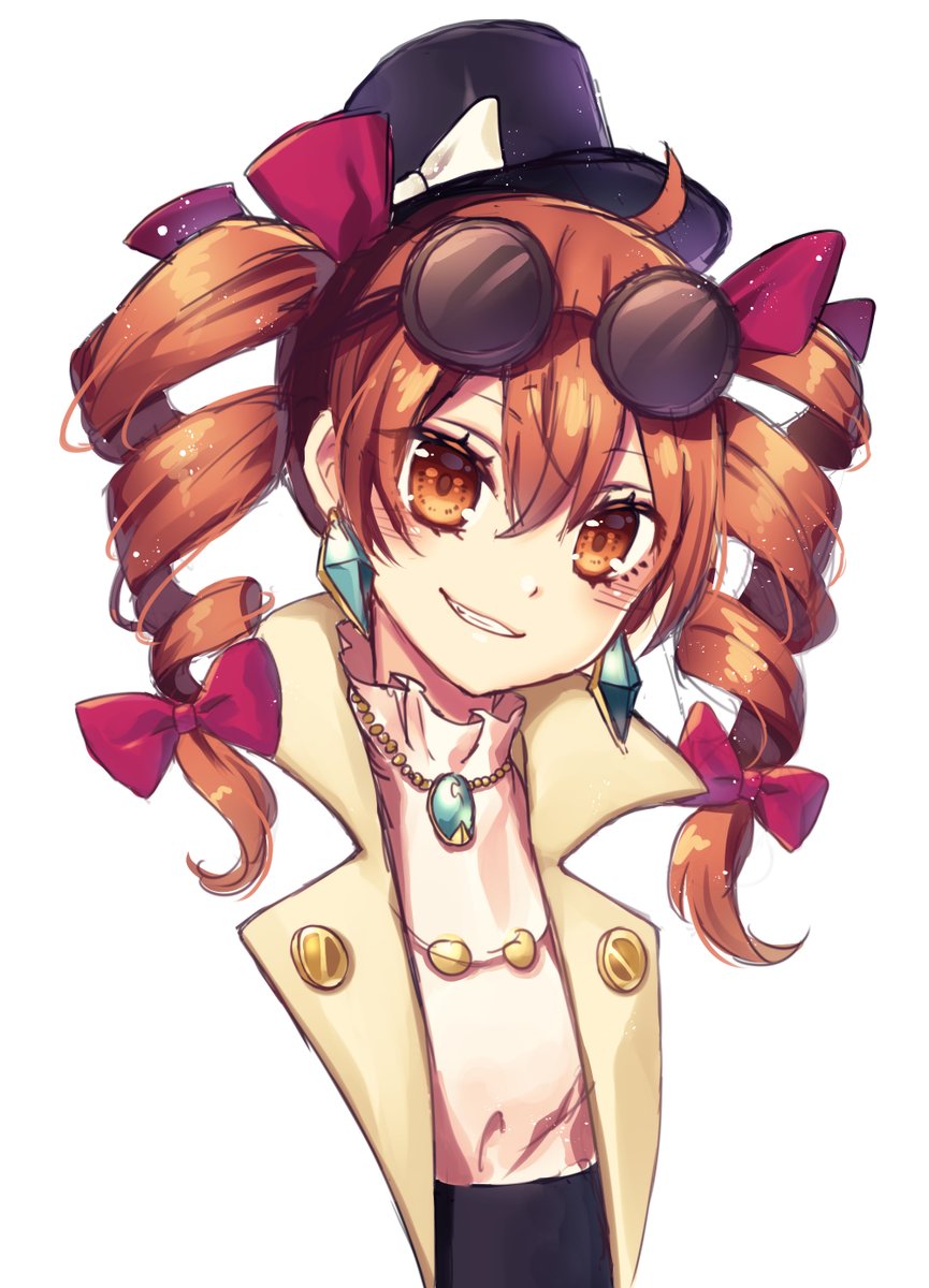 1girl ahoge black_hat bow brown_eyes brown_hair drill_hair earrings eyewear_on_head grin hair_bow hat highres jewelry kyouda_suzuka long_hair looking_at_viewer necklace parted_lips pendant pink_bow simple_background smile solo sunglasses top_hat touhou twin_drills twintails upper_body white_background yorigami_jo'on