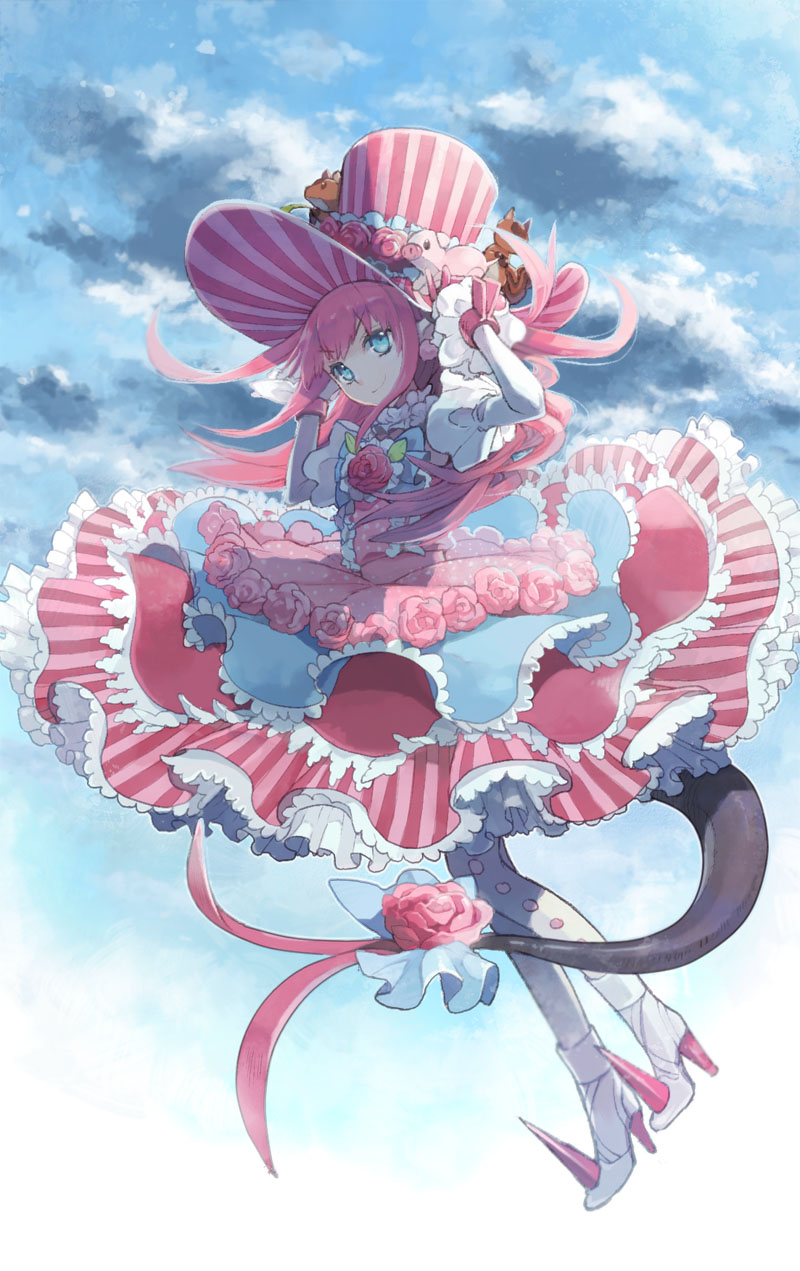 &gt;:) 1girl blue_eyes boots bow clouds cloudy_sky cuffs detached_sleeves dress elizabeth_bathory_(fate) elizabeth_bathory_(fate)_(all) fate/grand_order fate_(series) flower hands_on_headwear hat high_heel_boots high_heels highres hiyo_(y_hiyoshi) layered_dress pink_hair rose sky solo striped striped_dress striped_hat stuffed_animal stuffed_toy tail tail_bow top_hat