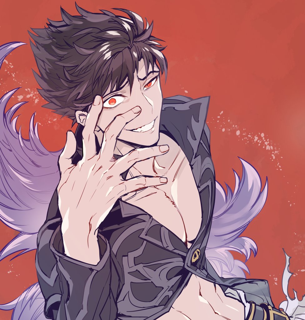 1boy belial_(granblue_fantasy) black_pants black_shirt crazy_eyes feather_boa granblue_fantasy grin looking_at_viewer male_focus midriff pants pectorals red_background red_eyes shirt simple_background smile solo toned toned_male upper_body