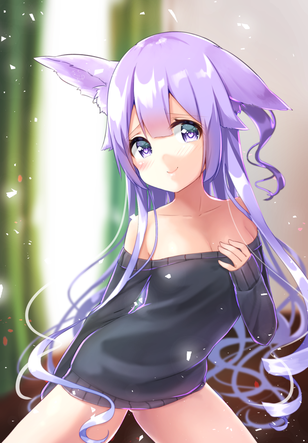 1girl animal_ears azur_lane bangs bare_shoulders black_sweater blurry blurry_background blush breasts closed_mouth collarbone commentary_request curly_hair depth_of_field eyebrows_visible_through_hair fingernails gluteal_fold hair_between_eyes heart heart-shaped_pupils highres indoors kemonomimi_mode long_hair long_sleeves no_pants off-shoulder_sweater one_side_up purple_hair sawa_(sawasaku) simple_background sleeves_past_wrists small_breasts smile sweater symbol-shaped_pupils unicorn_(azur_lane) very_long_hair violet_eyes