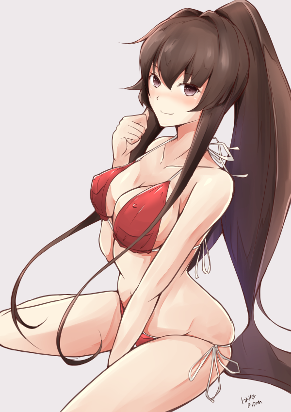 1girl bikini blush breasts brown_hair cleavage closed_mouth collarbone dated grey_background hair_intakes hand_to_own_mouth hazuki_futahi kantai_collection kneeling large_breasts long_hair looking_at_viewer navel red_bikini side-tie_bikini simple_background sitting skindentation smile solo swimsuit very_long_hair violet_eyes yamato_(kantai_collection)