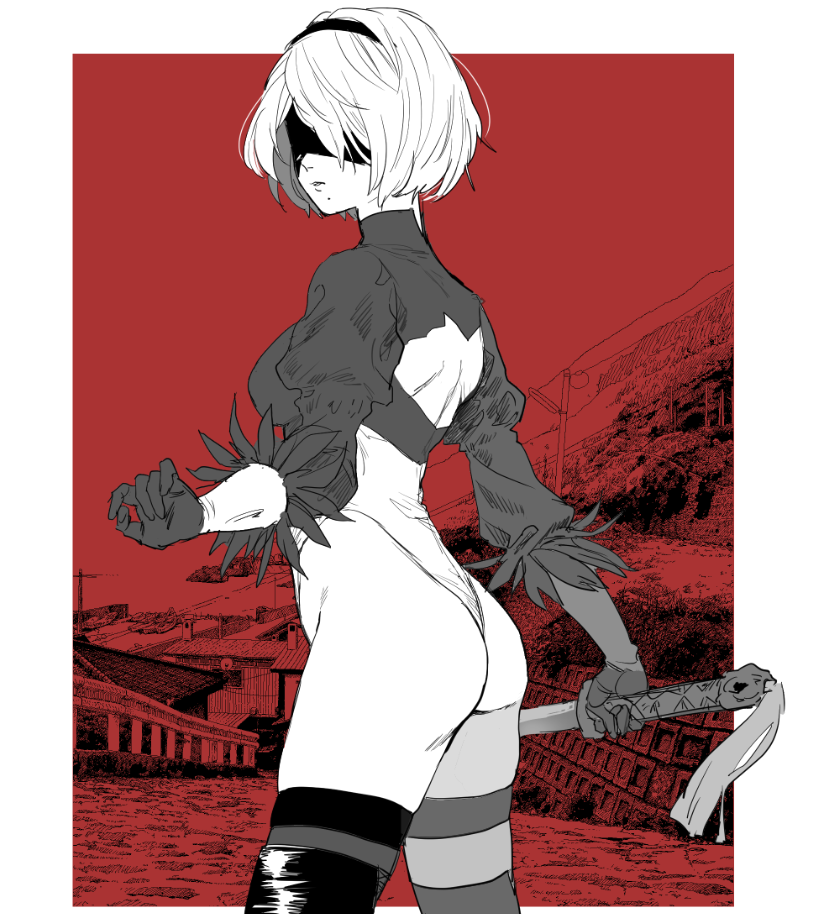 1girl arm_at_side ass back back_cutout black_gloves black_legwear covered_eyes cowboy_shot crop_top from_side gloves guard_rail hand_up highleg highleg_leotard hill holding holding_sword holding_weapon leotard looking_back medium_sleeves mellow_rag mole mole_under_mouth nier_(series) nier_automata parted_lips partially_colored power_lines red_background retaining_wall road short_hair solo spot_color sword tassel thigh-highs thigh_strap thighs weapon yorha_no._2_type_b