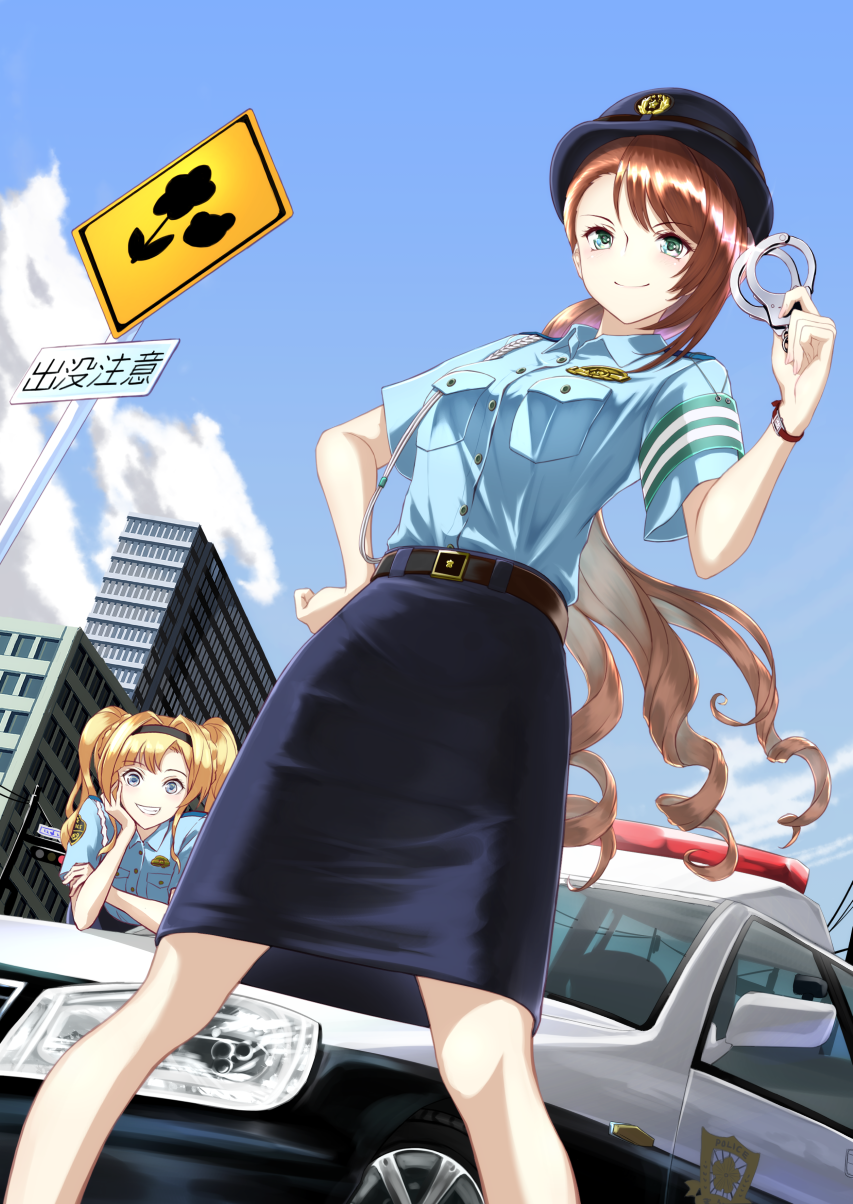 2girls aiu_eo alternate_costume beatrix_(granblue_fantasy) blonde_hair blue_eyes brown_hair building car city collared_shirt commentary commentary_request granblue_fantasy green_eyes grin ground_vehicle hairband hand_on_own_cheek hat highres motor_vehicle multiple_girls police police_car police_hat police_uniform policewoman ponytail shirt sign skirt smile twintails uniform watch watch wrist_cuffs zeta_(granblue_fantasy)