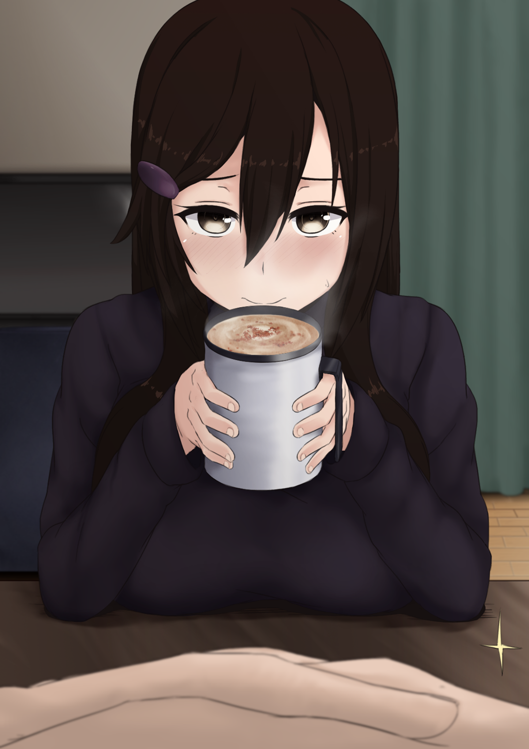 1girl black_eyes black_hair blush breast_press breasts coffee_cup cup hair_between_eyes hair_ornament hairclip highres holding holding_cup large_breasts long_hair looking_at_viewer nao_(ritsancrossover) original pai-chan_(nao) solo_focus sparkle