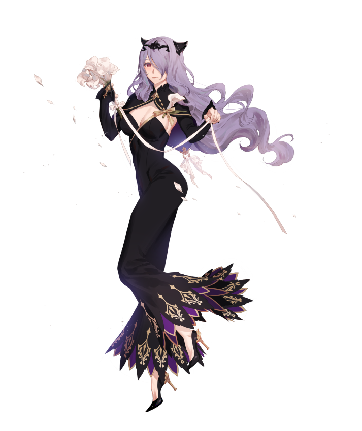 1girl alternate_costume black_footwear breasts camilla_(fire_emblem_if) cleavage closed_mouth dress fajyobore323 fire_emblem fire_emblem_if flower full_body hair_over_one_eye high_heels holding holding_flower horns large_breasts leg_up lips long_hair long_sleeves looking_at_viewer petals purple_hair ribbon simple_background smile solo standing standing_on_one_leg tiara very_long_hair violet_eyes wavy_hair white_background