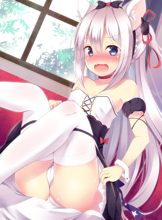 1girl animal_ears azur_lane bangs bare_shoulders black_bow black_dress blue_eyes blush bow cat_ears cat_hair_ornament commentary_request day detached_sleeves dress dutch_angle eyebrows_visible_through_hair fang hair_between_eyes hair_bow hair_ornament hair_ribbon hammann_(azur_lane) indoors long_hair looking_at_viewer nose_blush one_side_up open_mouth panties ponpon_(tosico) puffy_short_sleeves puffy_sleeves red_ribbon remodel_(azur_lane) ribbon short_sleeves sidelocks silver_hair sitting solo sunlight thigh-highs underwear v-shaped_eyebrows very_long_hair white_legwear white_panties window wrist_cuffs