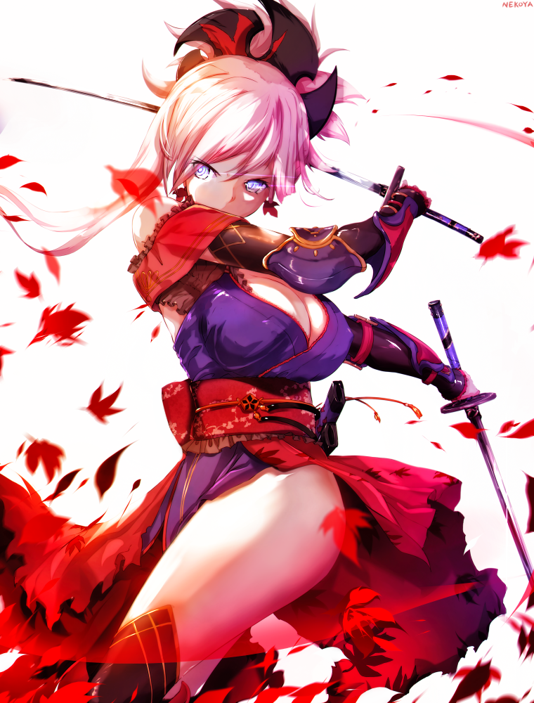 arm_guards armor autumn_leaves blue_eyes blue_kimono detached_sleeves dual_wielding dyolf earrings elbow_pads fate_(series) hair_ornament holding holding_sword holding_weapon japanese_clothes jewelry katana kimono miyamoto_musashi_(fate/grand_order) obi pink_hair ponytail sash short_kimono sleeveless sleeveless_kimono standing sword thighs unsheathed weapon