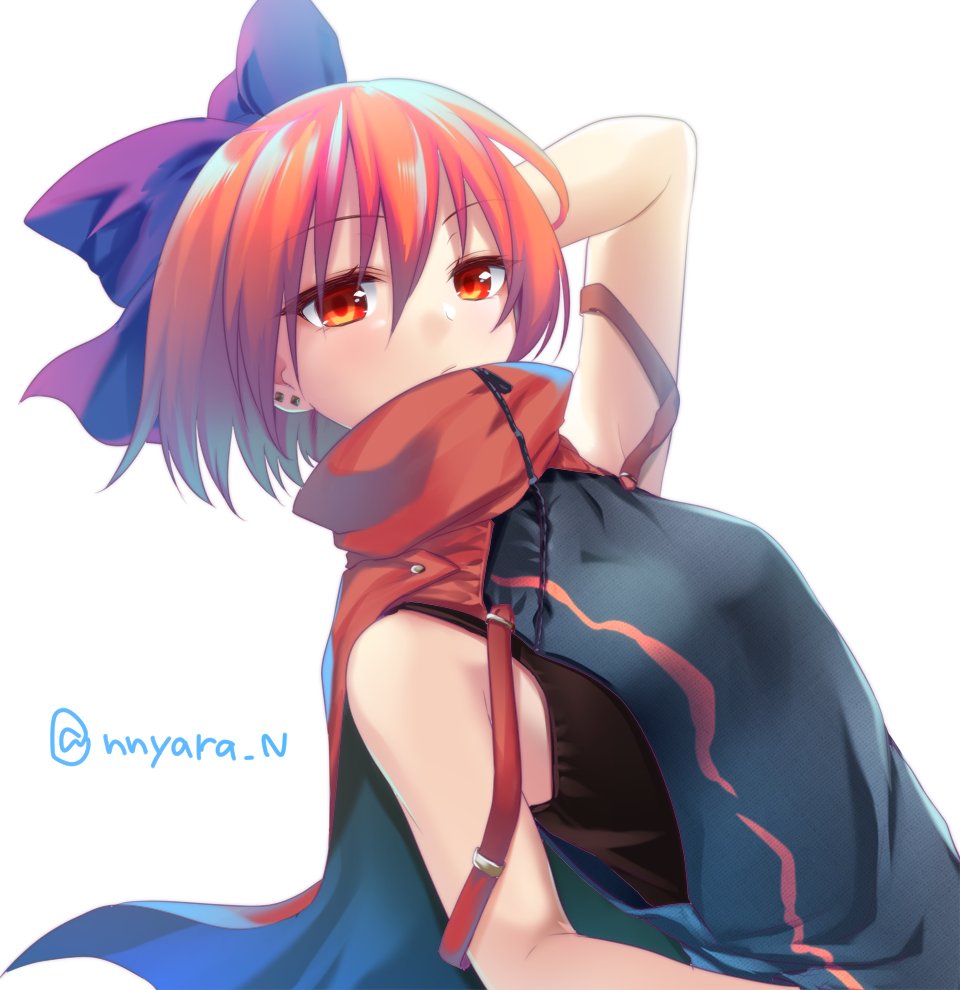 1girl arm_behind_head arm_up blue_bow bow capelet commentary_request dutch_angle ear_piercing hair_bow high_collar nnyara piercing red_eyes redhead sekibanki short_hair simple_background sleeveless solo touhou twitter_username upper_body white_background zipper