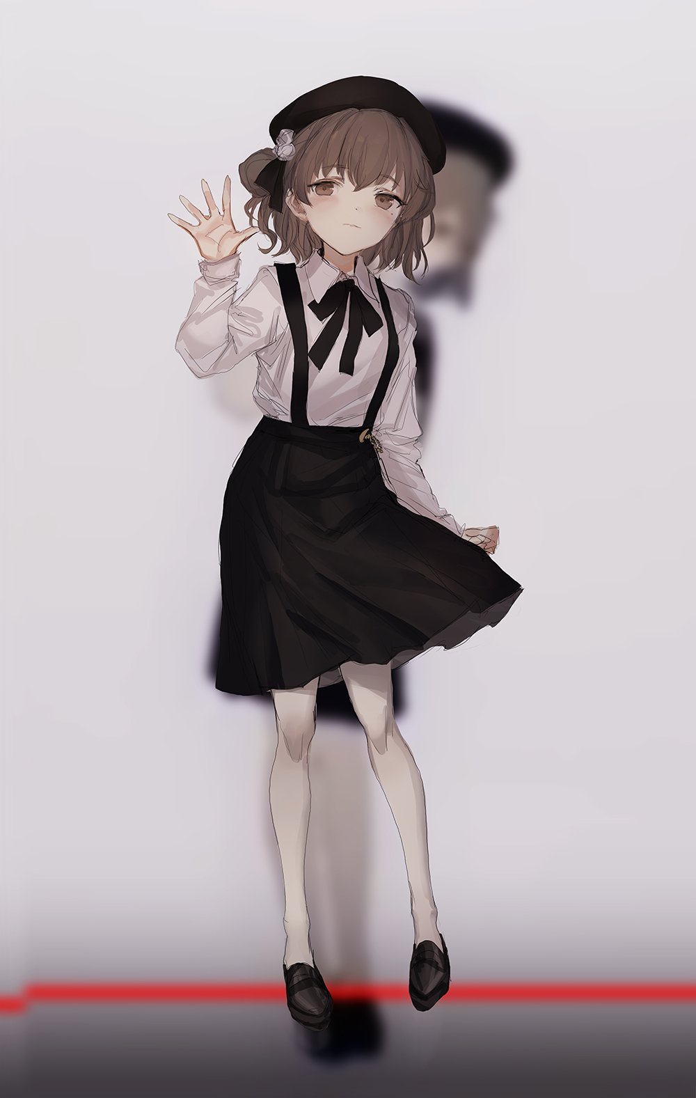 1girl bangs beret black_skirt blouse blurry blush brown_eyes brown_hair closed_mouth eyebrows_visible_through_hair full_body hand_up hat hatoba_tsugu highres lm7_(op-center) loafers long_sleeves looking_at_viewer official_art pantyhose shoes short_hair skirt solo standing suspender_skirt suspenders tsugu_hatoba virtual_youtuber white_blouse white_legwear