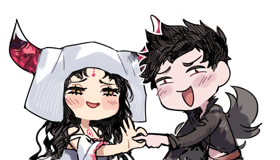 1boy 1girl bare_shoulders belial_(granblue_fantasy) black_hair chibi crossover detached_sleeves facial_mark fate/grand_order fate_(series) forehead_mark granblue_fantasy horns idk-kun long_hair penetration_gesture sesshouin_kiara simple_background smile trait_connection veil white_background yellow_eyes