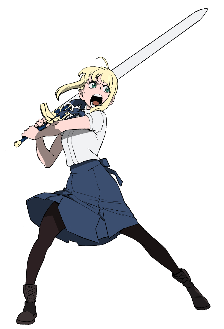 1girl ahoge angry artoria_pendragon_(all) bangs black_footwear black_legwear blonde_hair blue_bow boots bow excalibur fate/stay_night fate_(series) fighting_stance green_eyes holding holding_sword holding_weapon looking_to_the_side mozzi pantyhose saber screaming shirt short_sleeves sidelocks simple_background solo sword weapon white_background white_shirt