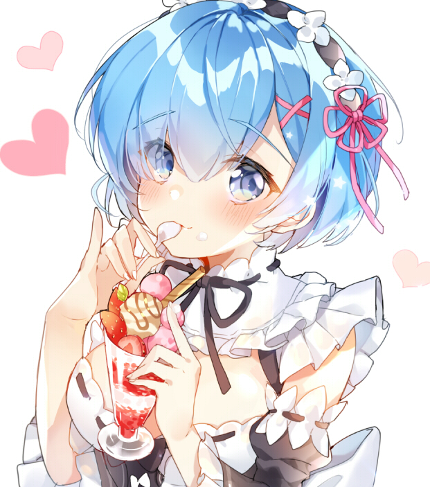 1girl bare_shoulders black_neckwear black_ribbon blue_eyes blue_hair blush breasts cinnamon_stick cleavage detached_sleeves eating eyes_visible_through_hair food food_on_face frilled_sleeves frills fruit hair_ornament hair_over_one_eye hair_ribbon hairband heart ice_cream lolita_hairband long_sleeves looking_at_viewer medium_breasts neck_ribbon pingo pink_ribbon pinky_out re:zero_kara_hajimeru_isekai_seikatsu rem_(re:zero) ribbon ribbon-trimmed_sleeves ribbon_trim shiny shiny_hair short_hair solo spoon star strawberry sundae tareme upper_body wide_sleeves x_hair_ornament