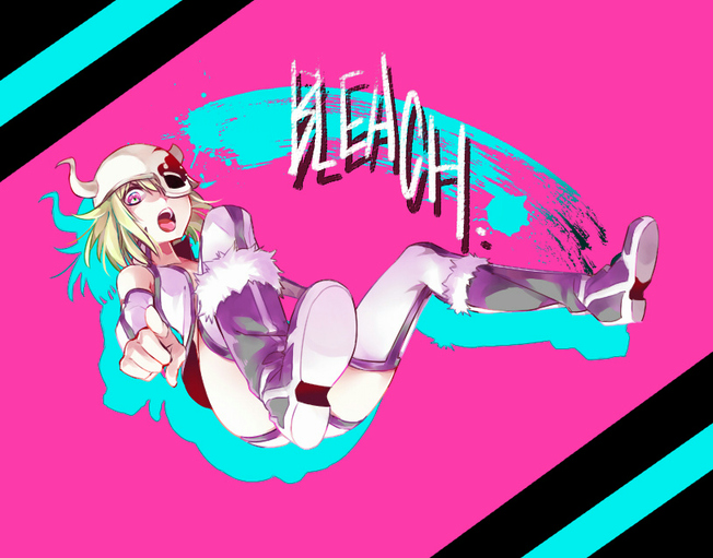 1girl amiya arrancar bikini_bottom black_footwear bleach blonde_hair boots copyright_name detached_sleeves flat_chest from_below helmet horn lilynette_gingerbuck open_mouth pink_background pointing pointing_at_viewer shadow shirt short_hair solo violet_eyes white_shirt