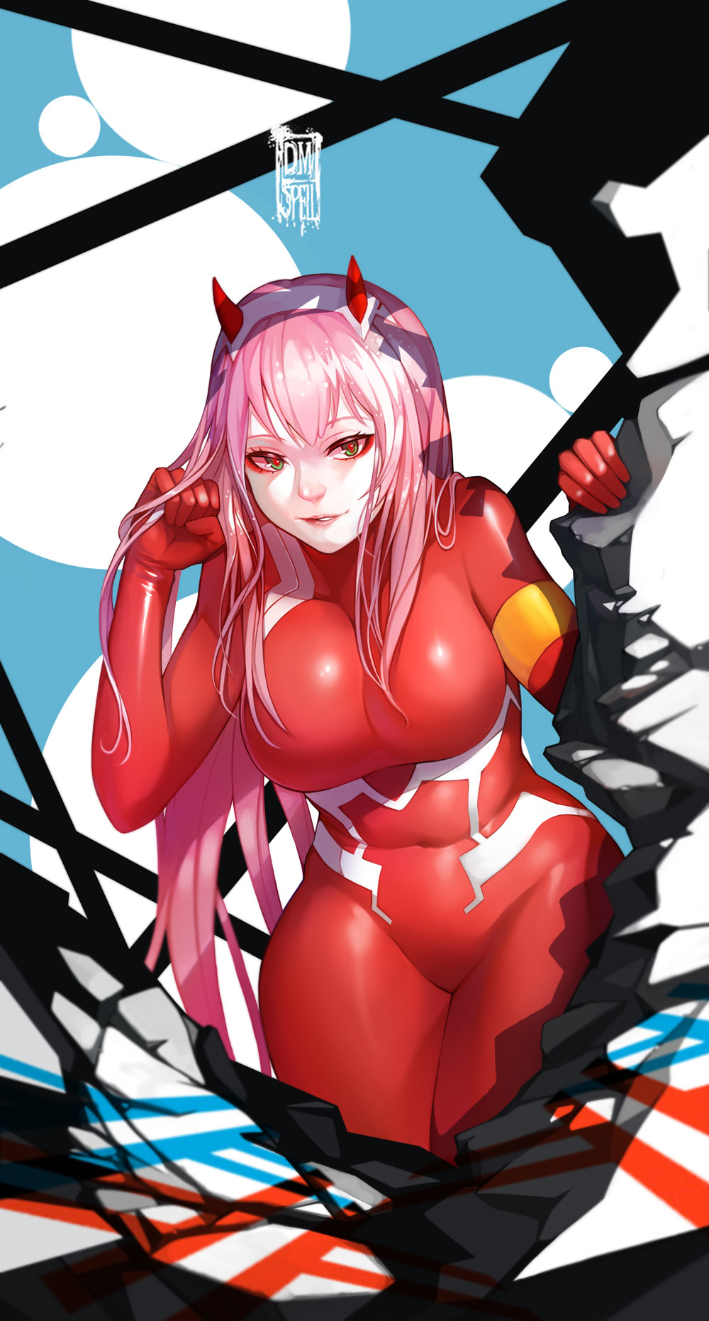 1girl artist_name bangs bent_over bodysuit breasts commentary covered_navel darling_in_the_franxx dspell eyebrows_visible_through_hair green_eyes hairband highres horns large_breasts legs_together lips looking_at_viewer parted_lips pilot_suit pink_hair red_bodysuit shiny shiny_clothes shiny_hair skin_tight smile solo straight_hair thighs white_hairband zero_two_(darling_in_the_franxx)