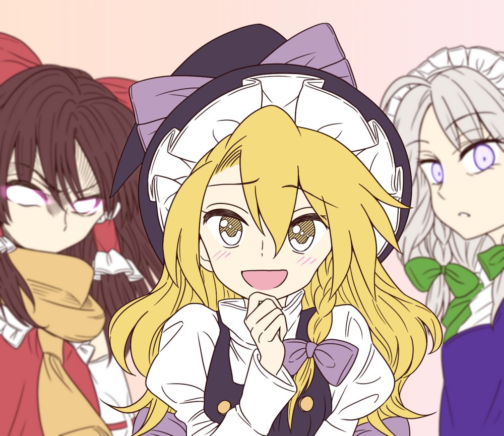 3girls :d @asn398 ascot blonde_hair blurry blush bow braid brown_hair commentary_request eyebrows_visible_through_hair glowing glowing_eyes green_bow green_neckwear hair_between_eyes hair_bow hair_tubes hakurei_reimu hand_on_own_chin hat hat_bow izayoi_sakuya juliet_sleeves kirisame_marisa long_hair long_sleeves looking_at_viewer maid_headdress multiple_girls open_mouth parted_lips puffy_sleeves purple_bow red_bow scarf short_hair silver_hair single_braid smile touhou upper_body v-shaped_eyebrows violet_eyes witch_hat yellow_eyes yellow_neckwear yellow_scarf