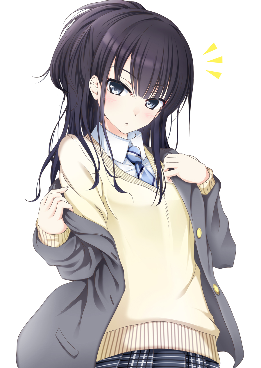 /\/\/\ 1girl :o bangs black_hair blazer blue_eyes blue_neckwear blunt_bangs blush collared_shirt eyebrows_visible_through_hair grey_jacket head_tilt highres idolmaster idolmaster_shiny_colors jacket kazano_hiori long_hair long_sleeves necktie off_shoulder open_clothes open_jacket parted_lips school_uniform shirt simple_background solo striped_neckwear sweater unbuttoned undressing upper_body white_background wing_collar yellow_sweater yuu_(oosakazaijyuu)