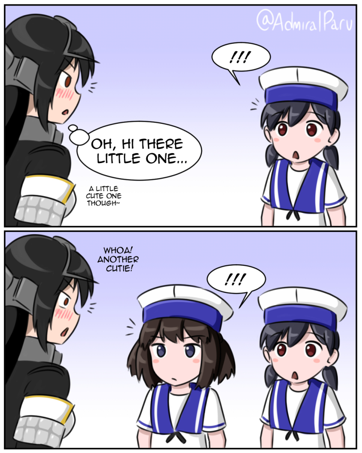 ! !! 2koma 3girls admiral_paru black_eyes blue_background brown_eyes comic commentary daitou_(kantai_collection) dress english gradient gradient_background hat headgear hiburi_(kantai_collection) kantai_collection long_hair low_twintails multiple_girls nagato_(kantai_collection) remodel_(kantai_collection) sailor_dress sailor_hat short_hair spoken_exclamation_mark triangle_mouth twintails twitter_username upper_body white_dress white_hat