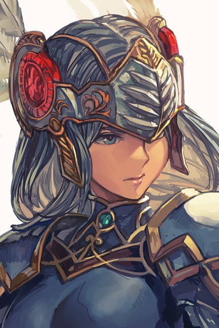 1girl armor blue_eyes blue_hair hankuri helmet lenneth_valkyrie long_hair nibelung_valesti solo valkyrie_profile