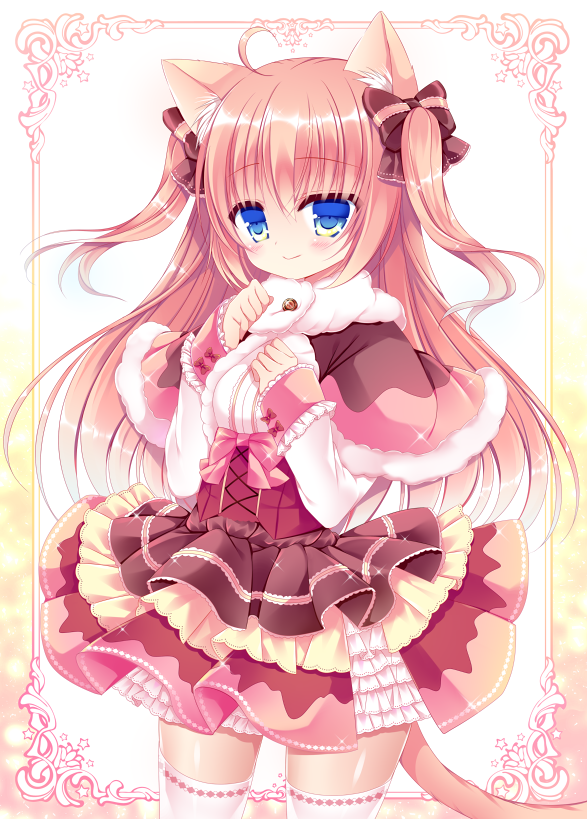 1girl ahoge animal_ears bangs blue_eyes blush bow brown_bow brown_capelet brown_hair capelet cat_ears cat_tail closed_mouth commentary_request cowboy_shot eyebrows_visible_through_hair fur-trimmed_capelet fur_trim hair_between_eyes hair_bow hand_on_own_chest hands_up layered_skirt long_hair long_sleeves looking_at_viewer multicolored multicolored_clothes multicolored_skirt original shikito shirt skirt sleeves_past_wrists smile solo tail thigh-highs two_side_up very_long_hair white_legwear white_shirt