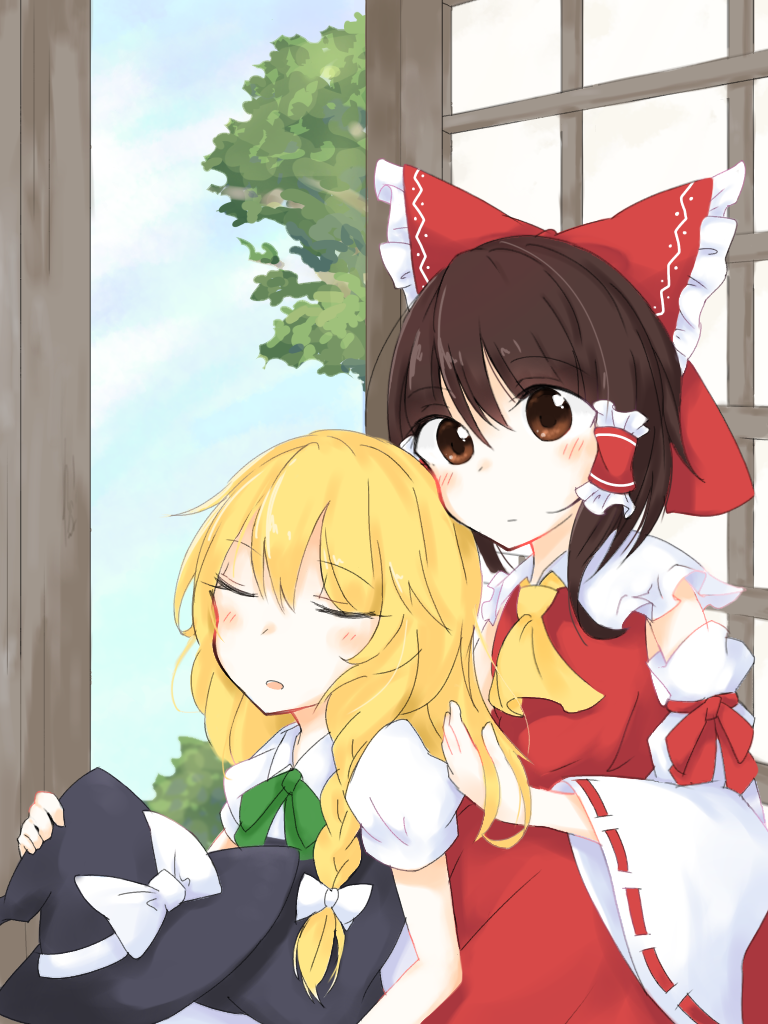 2girls blonde_hair blouse blush bow braid brown_eyes brown_hair cheek_press closed_eyes detached_sleeves hair_bow hakurei_reimu hakurei_shrine hat head_rest insuu0511 kirisame_marisa large_bow looking_at_viewer medium_hair multiple_girls playing_with_another's_hair puffy_short_sleeves puffy_sleeves short_sleeves side_braid single_braid skirt skirt_set sleeping sleeping_on_person sleeping_upright touhou vest witch_hat yuri