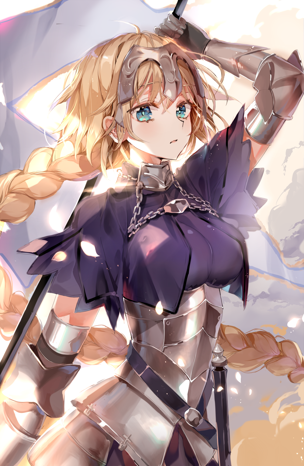 1girl ahoge arm_up armor armored_dress b_rock bangs banner black_gloves blonde_hair blue_eyes braid breasts chains closed_mouth cross day dress elbow_gloves expressionless eyebrows_visible_through_hair fate/grand_order fate_(series) faulds floating_hair gauntlets gloves glowing_petals hair_between_eyes headpiece highres holding jeanne_d'arc_(fate) jeanne_d'arc_(fate)_(all) light_particles long_hair looking_at_viewer medium_breasts outdoors petals plackart purple_capelet purple_dress scabbard sheath sheathed shiny shiny_hair single_braid solo standing sunlight sword tareme very_long_hair weapon