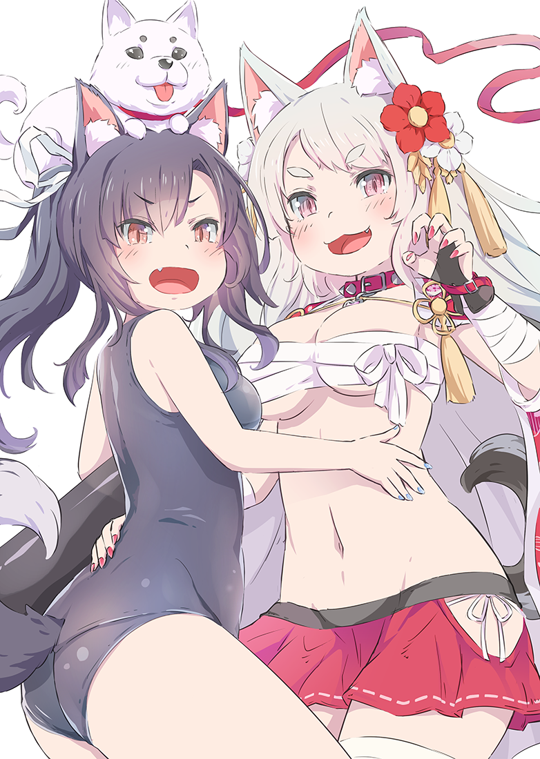 2girls :d animal animal_ears animal_on_head ass azur_lane blue_nails blush breasts dog eyebrows fang flower hair_flower hair_ornament long_hair looking_at_viewer medium_breasts multiple_girls nail_polish navel on_head one-piece_swimsuit open_mouth orange_eyes pink_eyes red_nails sarashi shigure_(azur_lane) simple_background slit_pupils smile swimsuit tail tayuura_(kuwo) under_boob white_background yuudachi_(azur_lane)