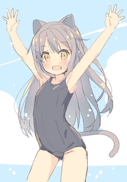 1girl :d animal_ears arms_up bangs bare_arms bare_shoulders black_swimsuit blue_sky blush brown_eyes brown_hair cat_ears cat_girl cat_tail clouds commentary_request cowboy_shot day eyebrows_visible_through_hair fang hair_between_eyes long_hair looking_at_viewer meito_(maze) one-piece_swimsuit open_mouth original outdoors outstretched_arms school_swimsuit sky smile solo swimsuit tail very_long_hair