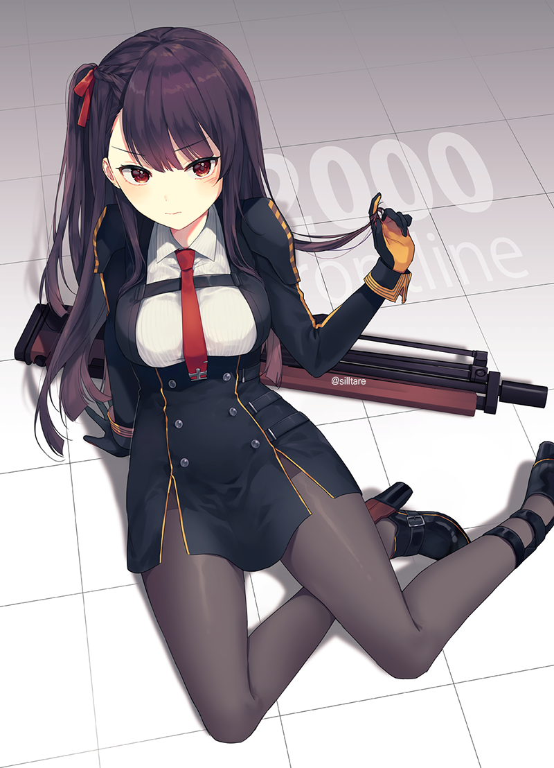 1girl ankle_boots arm_support black_footwear black_gloves black_skirt blush boots braid buckle bullpup character_name closed_mouth collared_shirt copyright_name girls_frontline gloves gun hair_ribbon hair_twirling high-waist_skirt high_heel_boots high_heels holding holding_hair leaning_back long_hair long_sleeves looking_at_viewer necktie on_floor one_side_up pantyhose purple_hair red_eyes red_neckwear red_ribbon ribbon rifle shirt shoulder_pads silltare sitting skirt sniper_rifle solo thighband_pantyhose tile_floor tiles twitter_username v-shaped_eyebrows very_long_hair wa2000_(girls_frontline) walther walther_wa_2000 weapon white_shirt wing_collar yokozuwari