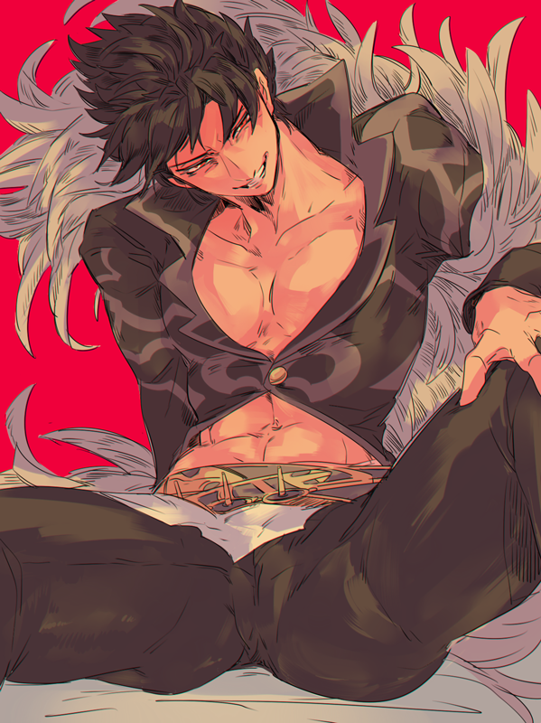 1boy belial_(granblue_fantasy) black_pants black_shirt feather_boa granblue_fantasy grin looking_at_viewer male_focus pants pectorals pink_background red_eyes shirt simple_background sitting smile solo toned toned_male