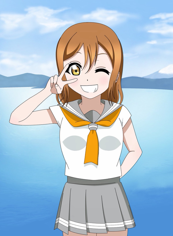 1girl :d brown_eyes brown_hair cloud kunikida_hanamaru long_hair love_live! love_live!_sunshine!! mountain ocean one_eye_closed seifuku solo teeth v water wink